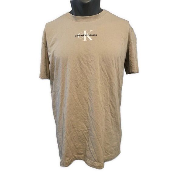 Calvin Klein Men’s Beige White Shirt Sleeve Crew Neck Logo T Shirt Top Large - Picture 1 of 2